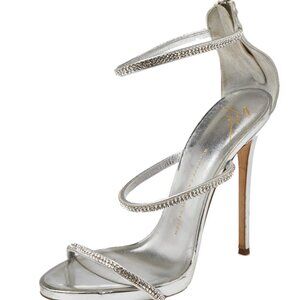 Giuseppe Zanotti Metallic Silver Leather Crystal Embellished Harmony Ankle Strap